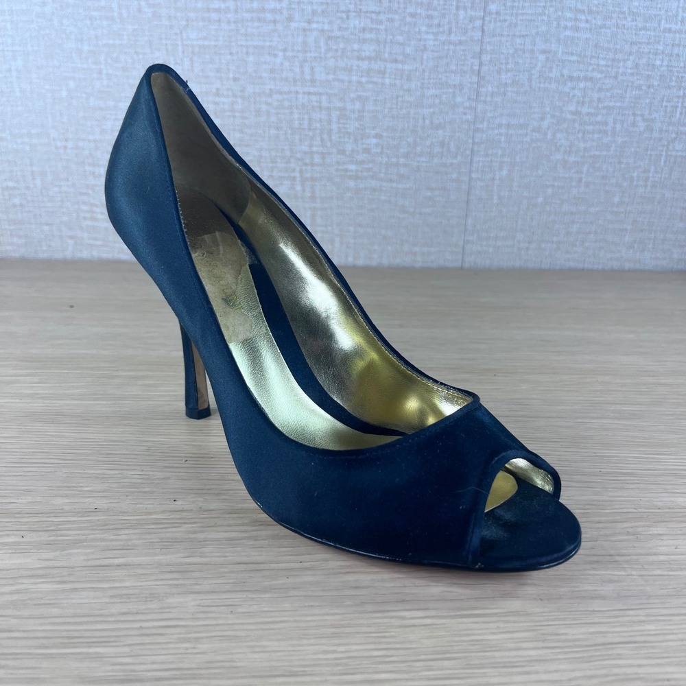 Enzo Angiolini Eamylie Navy Satin Peep Toe Heels Pumps Womens 8.5M Gold Lined